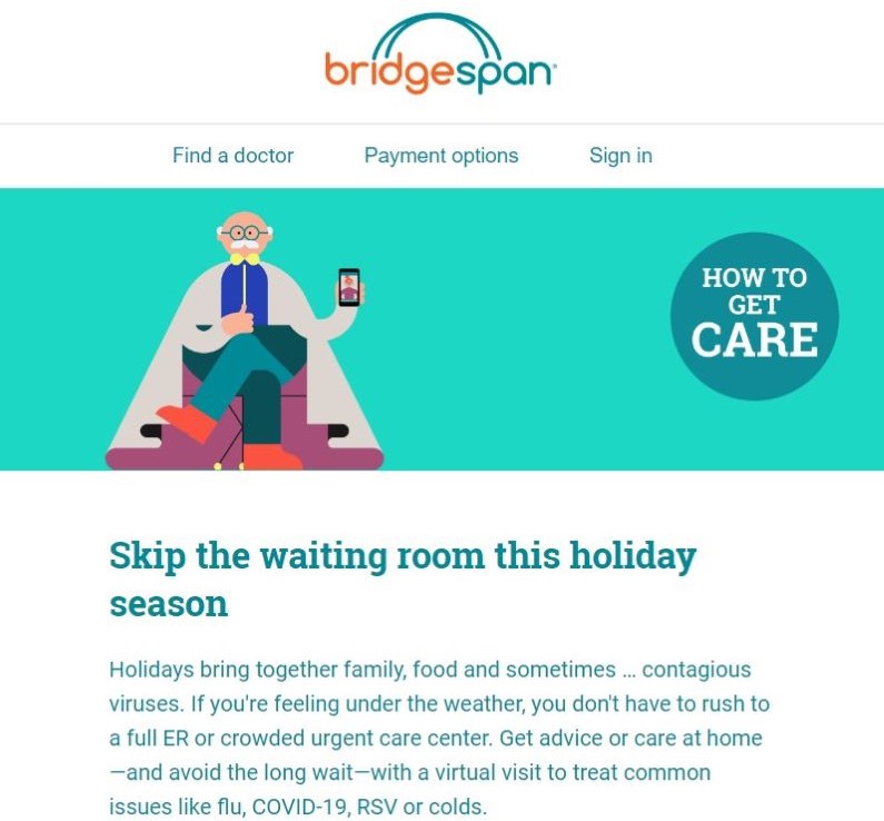 Email build featuring a brightly colored illustration of a mustached, bespectacled person in a billowing cloak and bowtie holding a mobile phone, followed by the headline 'Skip the waiting room this holiday season'.