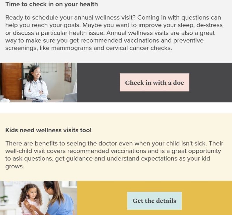 Colorful email build showing two stories about annual wellness visits. The call-to-action buttons are designed inline with images in a two-thirds layout.