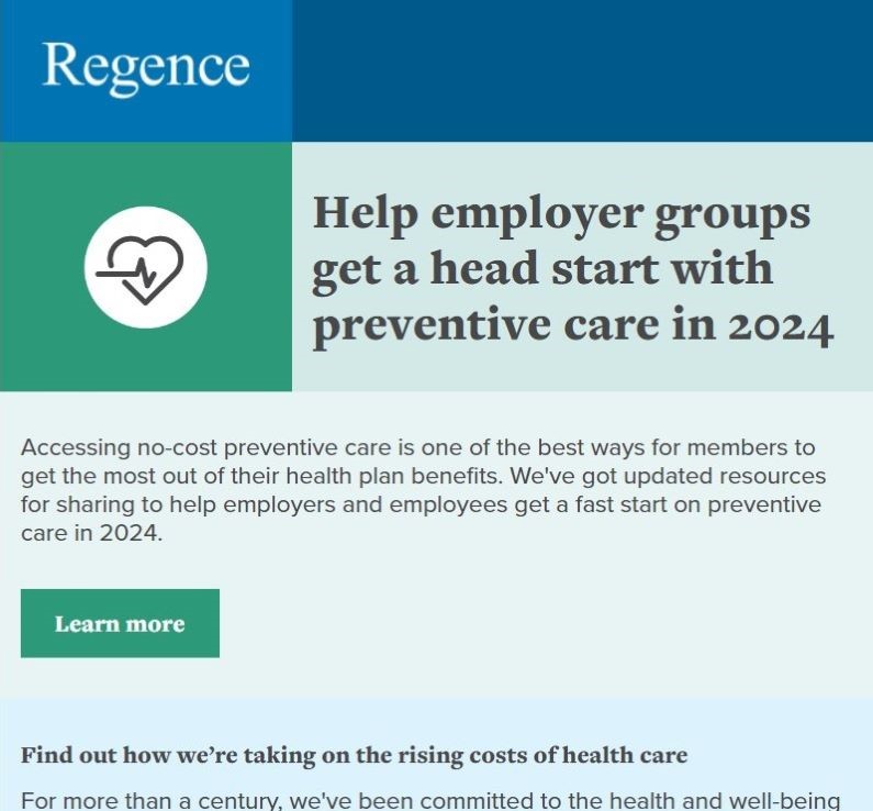 Email build with blues and greens showing a feature story with the headline 'Help employer groups get a head start with preventive care in 2024'.